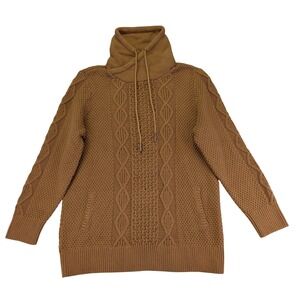 LL Bean Signature Saddle Brown Cotton CableKnit Funnel Neck Sweater XL Fisherman